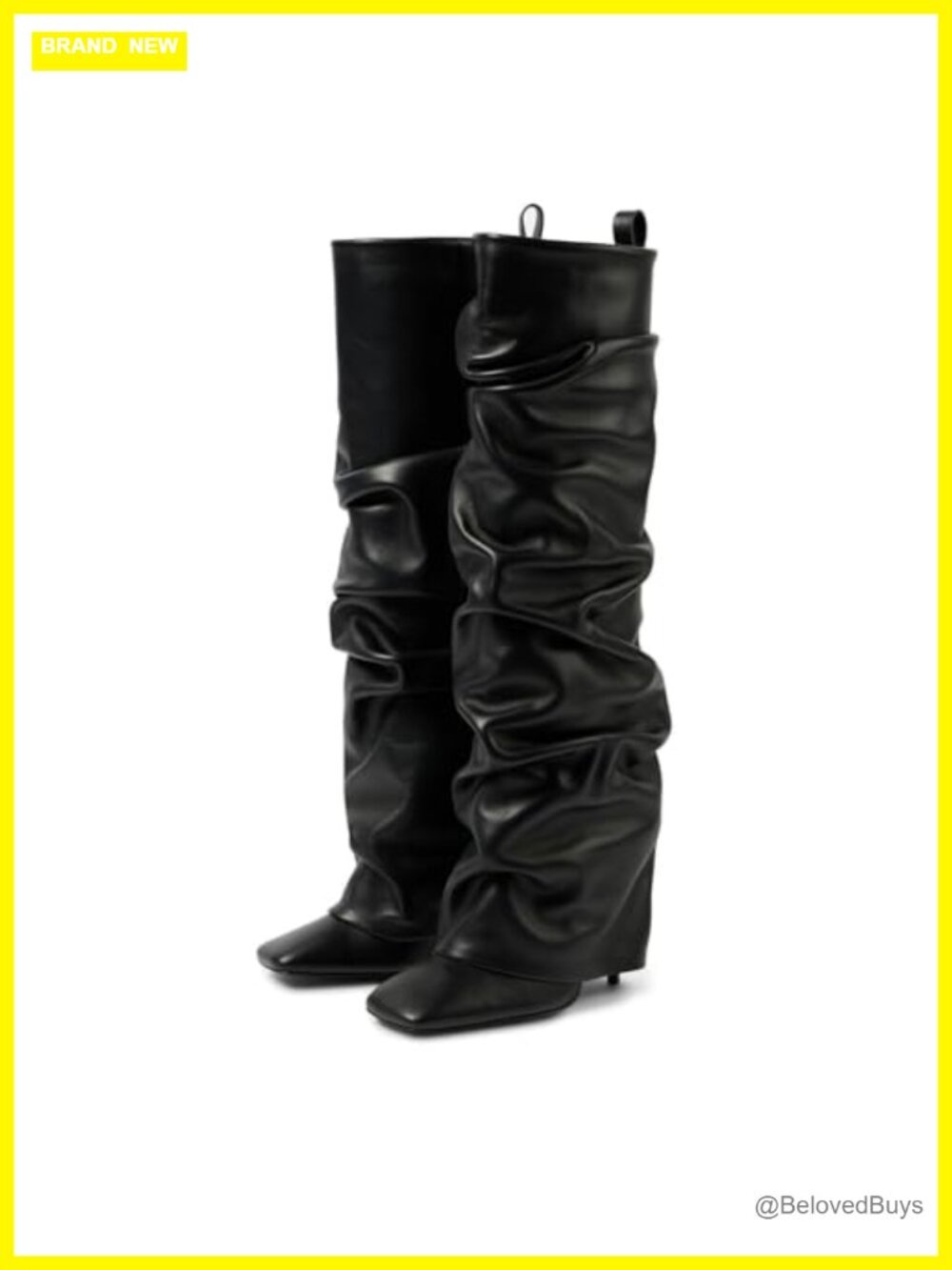 Suede Fold Over Knee High Boots Women Square Toe Stiletto Heel Slip On Tall